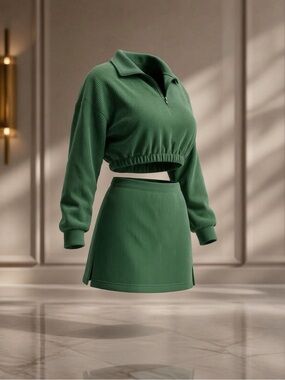 Ribbed Green Cropped Jacket and matching Skirt set- Women's Skirt